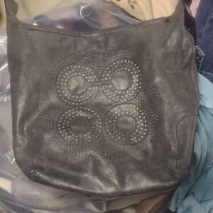 Coach Gray Leather Shoulder Bag with Studded Design